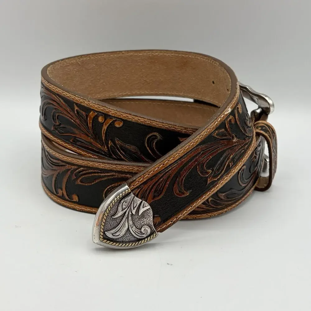 Tony Lama Men’s Black Brown Western Leather Belt C41514 Size 38 Buckle Belt Tip